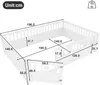 A diagram showing the dimensions of a white bed frame with safety rails. Voir les images du produit
