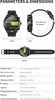 A diagram showing the parameters and dimensions of a smartwatch, along with a table of its specifications. Náhled obrázku produktu