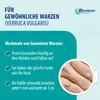 Marketing image for common warts (Verruca Vulgaris) with features listed and a close-up image of warts on a hand. Podgląd zdjęcia produktu