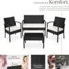 A rattan seating group with chairs, a bench, and a coffee table, along with detail shots of the cushions and material. Náhled obrázku produktu