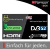 A marketing image for a RED OPTICUM SBOX digital TV receiver, showcasing its features on a screen. Produktbild-Vorschau