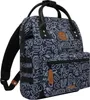 A navy blue backpack with a white abstract pattern, featuring black straps and brown leather accents. Produktbild-Vorschau