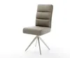 A modern dining chair with a leather seat and a metal base, presented against a white background. Produktbild-Vorschau