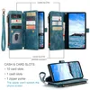 A collage of images showing a blue leather wallet-style phone case with a phone inserted, highlighting its card slots and zipper pocket. Produktbild-Vorschau