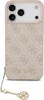 A close-up studio shot of a pink iPhone case with a beige patterned design and a gold charm. Voir les images du produit