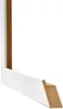 A close-up, angled view of a white picture frame profile, showing the raw MDF material on the inside edge. Produktbild-Vorschau