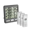 A digital thermometer and three remote sensors are displayed against a white background. Produktbild-Vorschau