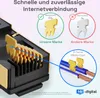 Close-up of an RJ45 connector with a diagram illustrating its internal contacts and comparison with another brand's product. Produktbild-Vorschau