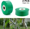 The top part of the image shows two rolls of green grafting tape on a white background. The bottom part shows three close-up images of tree branches being grafted with the tape. Produktbild-Vorschau