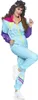 A woman is posing in a colorful 80s-style tracksuit. Produktbild-Vorschau