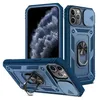 Three views of a blue iPhone 11 Pro Max case with a sliding camera cover and a ring holder. Produktbild-Vorschau