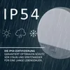 A marketing image for an outdoor LED wall light, highlighting its IP54 rating and weather resistance with icons for sun, rain, and snow, along with descriptive text. Produktbild-Vorschau