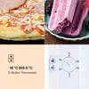 A collage showing a frozen pizza, frozen berry popsicles, and a close-up of a thermostat dial with text about temperature settings. Produktbild-Vorschau