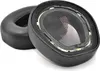Close-up of two black ear pads for headphones. Voir les images du produit
