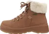 A side view of a brown boot with white fur trim and white laces. Produktbild-Vorschau