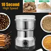 A product image showcasing an electric grinder with various ingredients around it, and before/after images of ground ingredients. Podgląd zdjęcia produktu