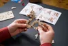 Hands assembling a wooden dragon model kit, with instructions open in the background. Anteprima dell’immagine prodotto