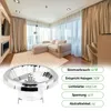 A living room with a sofa and curtains, with a product image and specifications in the foreground. Produktbild-Vorschau