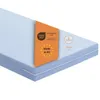A light blue mattress with an orange label showing certifications and origin. Produktbild-Vorschau