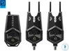 Three black fishing bite alarms are displayed against a white background. The leftmost alarm is slightly different from the other two, suggesting it might be a receiver unit. The other two appear to be the main bite alarms. A small blue and white logo is i Produktbild-Vorschau