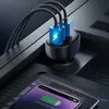 A car charger with multiple USB ports is plugged into a car's power outlet, charging a smartphone. Produktbild-Vorschau