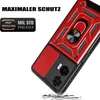 A red and black phone case with a ring holder and camera protection is shown on a white background, with text indicating maximum protection and MIL STD certification. Produktbild-Vorschau