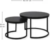 Two black nesting coffee tables of different sizes are shown against a white background. Dimensions are indicated with text and arrows. Voir les images du produit
