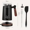 A black electric milk frother with a wooden handle and its accessories, displayed with dimensions indicated. Produktbild-Vorschau