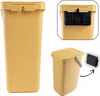 A collage of images showing a yellow plastic trash can with a lid and handle, along with a close-up of its mounting bracket and a separate image of the mounting bracket. Podgląd zdjęcia produktu
