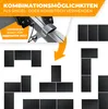 Diagrams showing different ways to combine modular tables, with a close-up of a connector. Produktbild-Vorschau