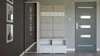 A hallway with a modern furniture set including a mirrored cabinet, a padded coat rack with a bench, and two shoe cabinets. Náhled obrázku produktu
