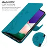 A teal flip phone case with a floral design is shown open, revealing a smartphone screen. Náhled obrázku produktu