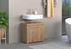 A modern bathroom vanity with a white sink and wooden cabinet. Produktbild-Vorschau