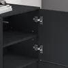 Close-up view of the interior of a dark gray cabinet, showing shelves and hinges. Produktbild-Vorschau