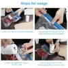 A collage of four images showing the steps for using a vacuum sealer. Produktbild-Vorschau