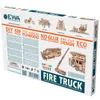 The image shows the packaging of a wooden 3D mechanical model construction kit of a fire truck. Náhľad obrázku produktu