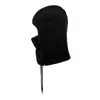 A black fleece balaclava with drawstrings is shown against a white background. Produktbild-Vorschau