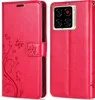 A red flip phone case with a floral pattern, shown open and closed. Produktbild-Vorschau