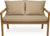 A studio shot of a beige outdoor sofa cushion set on a wooden sofa frame. Anteprima dell’immagine prodotto