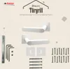 A marketing image showcasing a white door handle set with accompanying hardware and text. Produktbild-Vorschau