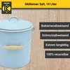 A light blue trash can with a lid and wooden handle is shown against a wooden background. Text overlays describe its features. Produktbild-Vorschau