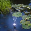 A solar-powered fountain with LED lights operates in a pond surrounded by lily pads and grass. Produktbild-Vorschau