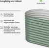 A green corrugated metal raised garden bed is shown with text describing its features. Produktbild-Vorschau