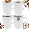 A collage of four white ceramic mugs with a textured pattern and brown rims, with coffee beans and splashes of coffee in the background. A small box containing four mugs is also visible. Podgląd zdjęcia produktu