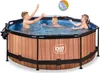 Three children are playing in a round above-ground pool with a wood-grain exterior. A beach ball is in the air above them. Náhled obrázku produktu