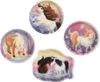 A collage of four round and one irregular shaped plates, each featuring a different illustration of a horse with flowers in its mane. Náhľad obrázku produktu