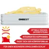 An illustration of a person lying on an air mattress, with feature callouts. Produktbild-Vorschau