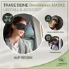 Collage of images showing a woman wearing a sleep mask on a plane, a woman meditating, and a man sleeping on a train, with text overlays describing the product's uses. Anteprima dell’immagine prodotto