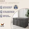 A gray storage ottoman with text overlays highlighting its features and a small German quality seal. Anteprima dell’immagine prodotto