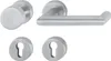 A set of door hardware, including a lever handle, a round knob, and two keyhole escutcheons, arranged on a white background. Produktbild-Vorschau